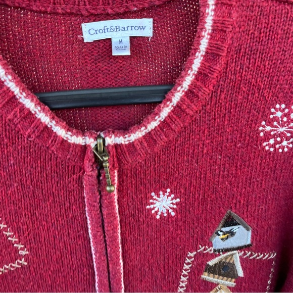 Cranberry red and white zip up cardigan sweater with birdhouses. Medium - Picture 2 of 10